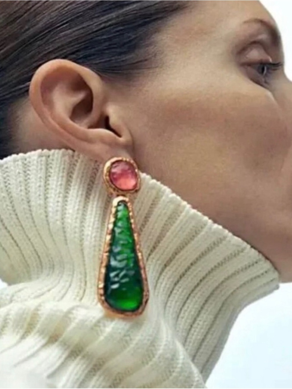 Zara Green and Pink Drop Earrings – Gold-Tone Frame